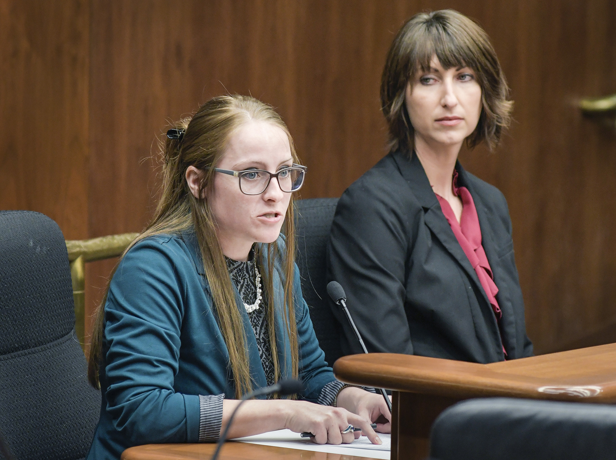 Emily Straw, left, administrator at LifeCare Greenbush Manor, and Katie Collins, administrator at Viewcrest Health Center in Duluth, testify before the House Subcommittee on Aging and Long-Term Care March 7. Photo by Andrew VonBank